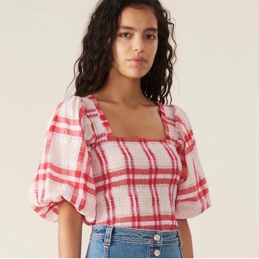 GANNI Plaid Top, Pink, White, & Green Shirt With Puffy Sleeves